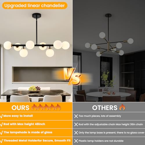 Sputnik Black and Gold Chandelier Pendant Linear Light Modern Mid Century Light Fixture White Globe Shade for Dining Living Room Kitchen Island 8