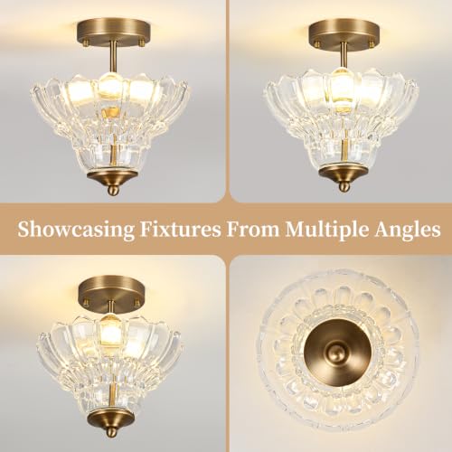 Antique Brass Finish Semi Flush Mount Light with Floral Class Shade (Antique Brass)