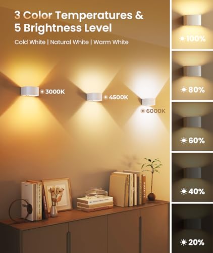 Motion Sensor Wall Light with Remote Control 3 Colors Wireless Wall Lamp LED Indoor Up and Down Wall Sconce 5000mAh Rechargeable Battery Powered Wall Lamps Brightness Adjustable