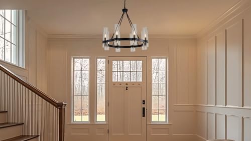 26 Inch Black Wagon Wheel Chandelier with Glass Shade