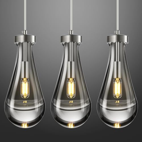 Raindrop Pendant Lights Kitchen Island Teardrop Nickel Hanging Light Fixtures Clear Solid Glass Pendant Light Modern Chandeliers for Dining Room Porch Corridor Living Room (3 Count)