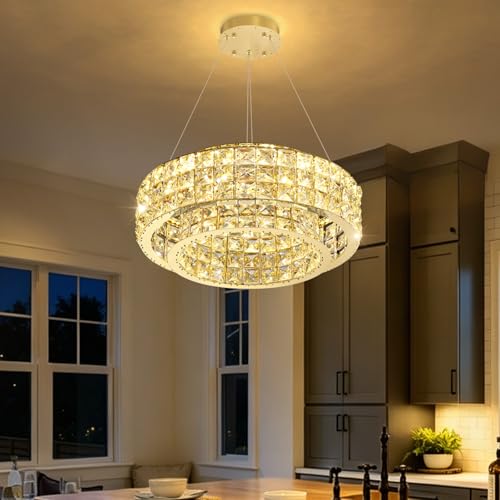 LED Chandeliers for Dining Room LED Dimmable Pendant Lights for Kitchen Island Crystal Adjustable Chandelier for Bedroom Hallway Entrance 16" Gold Light