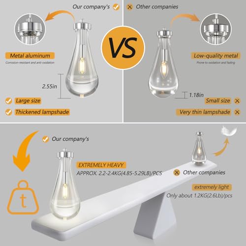 Raindrop Pendant Lights Kitchen Island Teardrop Chrome Hanging Light Fixtures Clear Solid Glass Pendant Light Modern Chandeliers for Dining Room Porch Corridor Living Room (5 Count)