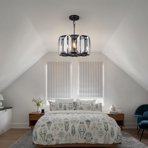 Black Modern Crystal Chandeliers Round Farmhouse Pendant Light Semi Flush Mount Ceiling Light Fixture for Bedroom Dining Room Kitchen Island Living Room Foyer Hallway