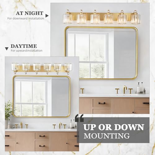 6 Lights Brushed Brass Bathroom Light Fixture Gold Vanity Lights Modern Crystal Bathroom Vanity Lighting Over Mirror Wall Sconce with K9 Crystal Shade E26 Base for Living Room
