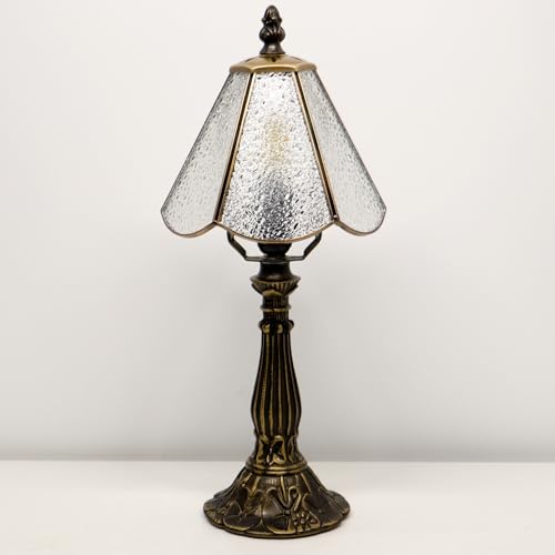 Small Tiffany Table Lamp Pink Diamond Style Stained Glass Desk Lamps 6X6X14 Inch Bronze Resin Base Antique Mini Accent Light