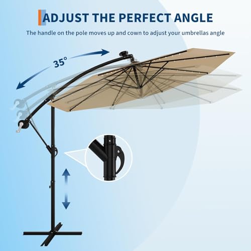 10FT Solar Lights Offset Patio Umbrella with Cross Base