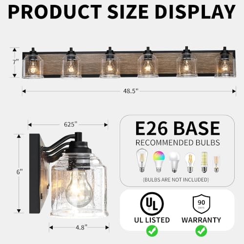 6 Light Vanity Lights for Bathroom Large 48" with Bubble Glass Shade