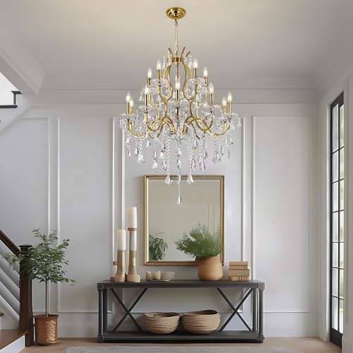 Antique French Country Gold Crystal Chandelier 2 Layers 15 Lights Dia31.5 Maria Theresa Light Fixture for Dining Room