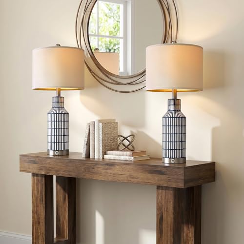 25" Modern 3 Way Dimmable Touch Control with USB A+C Ceramic Lamps Set of 2 Table Lamp for Living Room Bedroom Farmhouse Nightstand Bedside Blue (2 Count)