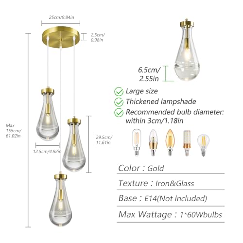 Raindrop Pendant Lights Kitchen Island Teardrop Gold Hanging Light Fixtures Clear Solid Glass Pendant Light Modern Chandeliers for Dining Room Porch Corridor Living Room