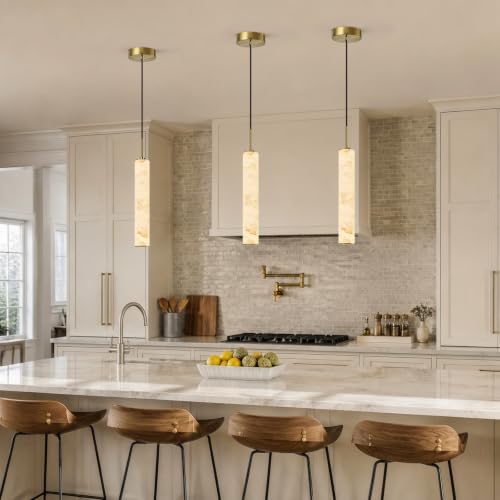 Gold Natural Alabaster Long Tube Kitchen Island Pendant Lights (2 Count)