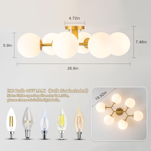 6 Light Semi Flush Mount Glass Ceiling Light Milk Globe