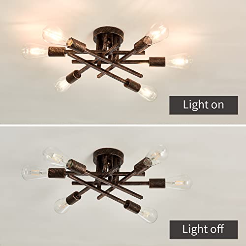 6 Lights Semi Flush Mount Ceiling Light Fixture Vintage Modern Bronze Matte Sputnik Chandelier Farmhouse Ceiling Lamp for Kitchen Bedroom Dining Room Living Room Entryway