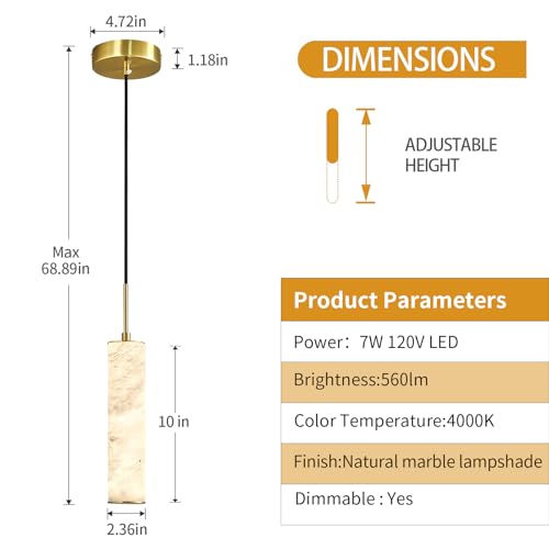 Natural Alabaster Pendant Lights for Kitchen Island White Marble Long Tube Chandelier Modern 4000K Gold Ceiling Light Fixtures for Bedroom Dining Room Table Living Room Hallway (2 Count)