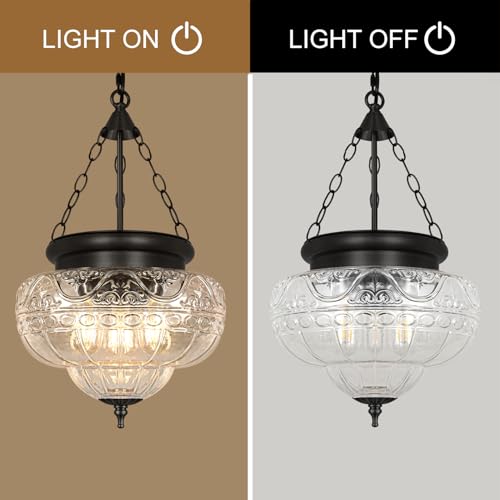 3 Light Matte Black Pendant Lights with 12In Floral Glass
