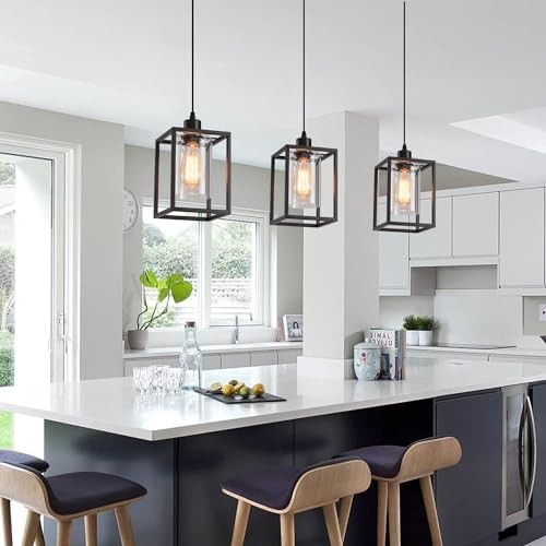 3 Pack Black Pendant Lights for Kitchen Island Industrial Lantern Pendant Light Fixtures with Clear Glass Shade (3 Count)