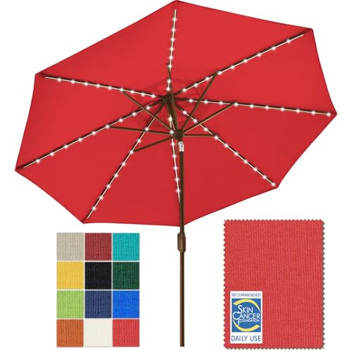USA 10-Year-Non-Fading 9ft Market Patio Umbrella, Commercial Grade Table Sun Umbrella with 80 Solar LED Lights, Crank Open, Windproof & UPF 50+ UV Protection for Garden, Deck, Pool, Backyard, Logo Red