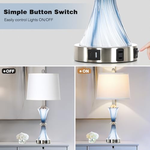 Blue Glass Table Lamp with USB C+A Ports & AC Outlet