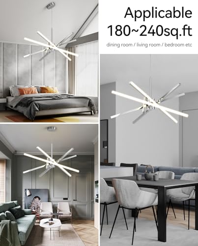 Modern Sputnik Chandelier Ceiling 82W LED Chrome Pendant Light Embedded Mount Chandeliers Dining Room Light Fixtures Over Table Dimmable with Remote Control for Living Room Kitchen Bedroom (5 Count)