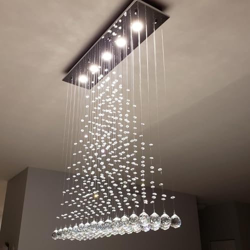 Contemporary Modern Crystal Chandelier Flush Mount Chandelier Rain Drop Lighting Led Ceiling Bathroom Fixtures Pendant Lamp for Living Dining Room Foyer Bedroom Hallway L32 X W8 X H26