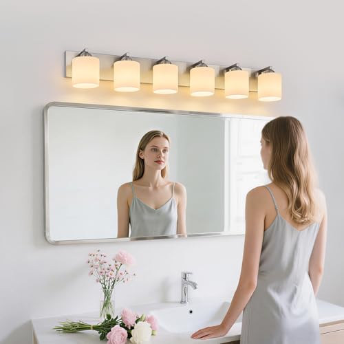6 Light Brushed Nickel Bathroom Vanity Light with White Glass Shades