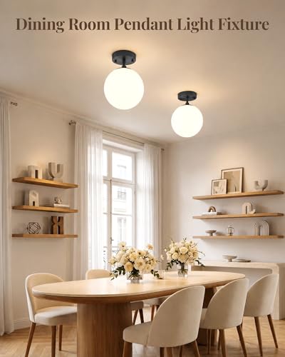 Semi Flush Mount Ceiling Light 6" Globe Mid Century Modern Light Fixture Milk Glass with Matte Black Finish Light Fixtures for Hallway Entryway Kitchen Island Closet Laundry Bathroom