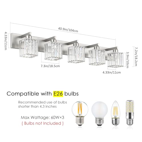 Brushed Nickel Bathroom Lighting Fixtures 5 Light Vanity Light Crystal Modern Bathroom Vanity Light