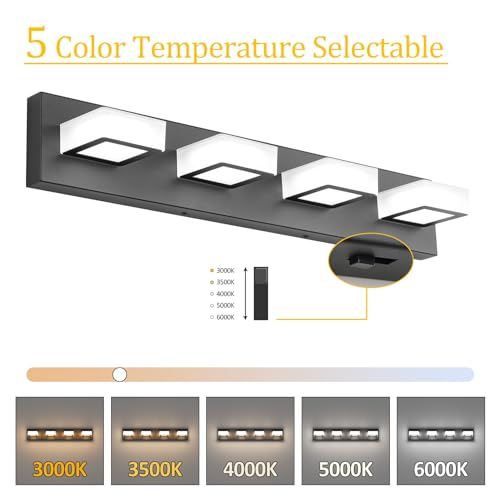 5 Color Temperature Black Vanity Lights for Bathroom Dimmable Acrylic Modern LED Black Bathroom Lighting Fixtures Over Mirror
