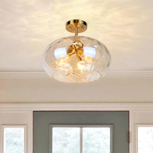 Brass Gold Semi Flush Mount Ceiling Fixture Large Hammered Glass Shade Modern Close to Ceiling Light 14" Art Lampshade for Hallway Foyer Bedroom