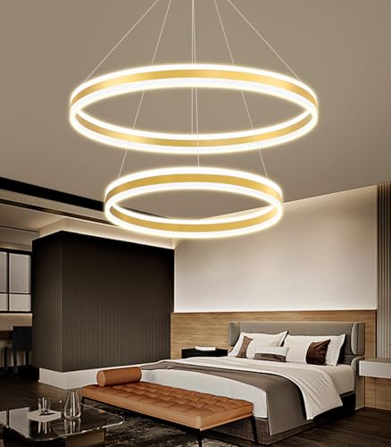 D23.6''+31.5'' Modern Ring Chandelier for Dining Room LED Dimmable Pendant Lighting High Ceiling Chandelier for Living Room Foyer Bedroom Entryway 3000K