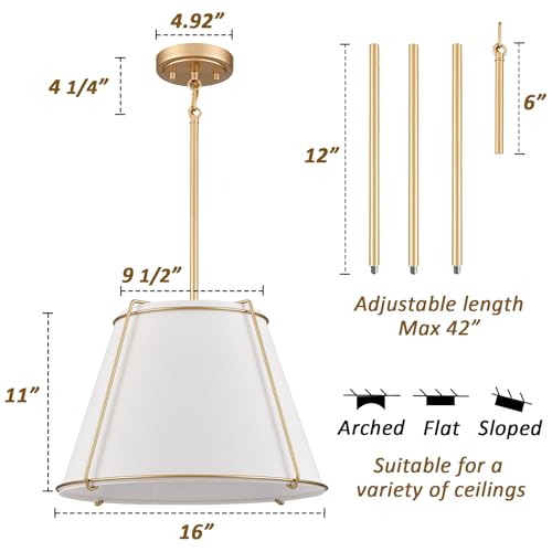 3 Light Gold Cone 16" Pendant Light Fabric Drum Shade with Metal