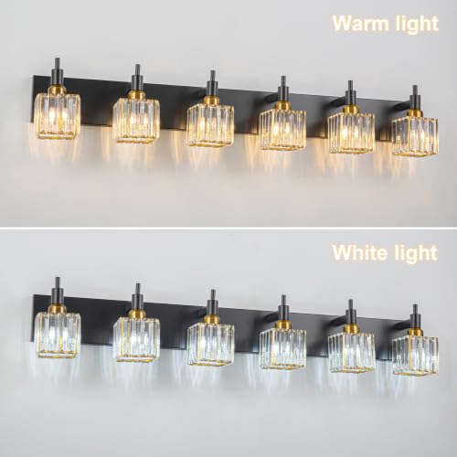 6 Lights Crystal Bathroom Vanity Light Black Gold Modern Bathroom Lighting Fixtures Over Mirror