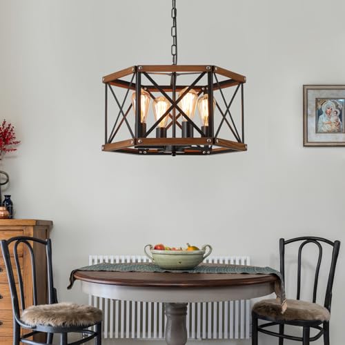 4 Light Large Rustic Farmhouse Plug in Pendant Light Fixture with Adjustable Chain