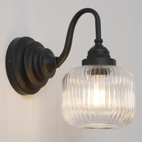 Vintage 2 Lights Clear Ribbed Glass Wall Sconce Lighting Brass Finished