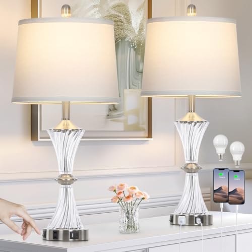 Crystal Glass Table Lamp Set of 2 With USB C+A Ports & AC Outlet (2 Count)