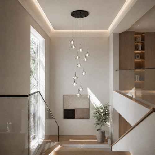 Modern LED High Ceiling Chandelier,12-Light Fixture Crystal Hanging Lamp Dining Room Dimmable Adjustable Luxury Pendant Lights for Living Dinning Room Hallway Foyer Staircase Entryway