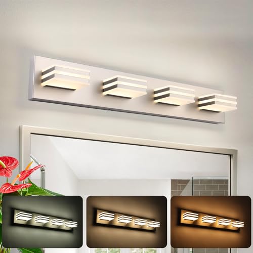 4 Light LED Brushed Nickel Vanity Lights for Bathroom Light Fixtures Adjust 3 Colors Modern Bath Lighing Over Mirror LED Vanity Light 27inch (3 Count)