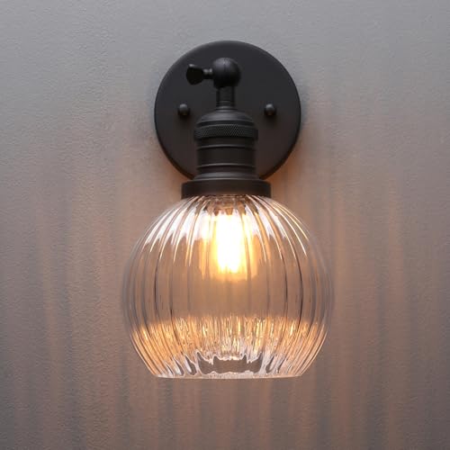 Vintage Wall Sconce Indoor Adjustable Wall Sconce with Ribbed Globe Glass Shade Black Wall Light Fixtures for Hallway Bathroom Kitchen Living Room