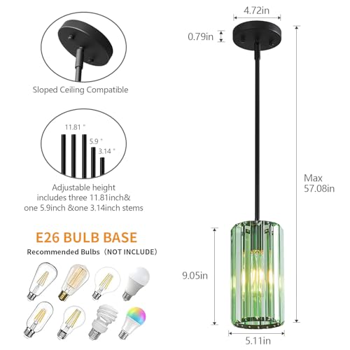 Modern Crystal Pendant Light Mini Light Green Chandeliers Adjustable Pendant Lights Fixture for Kitchen Island Dinning Room Corridor Bedroom (3 Count)