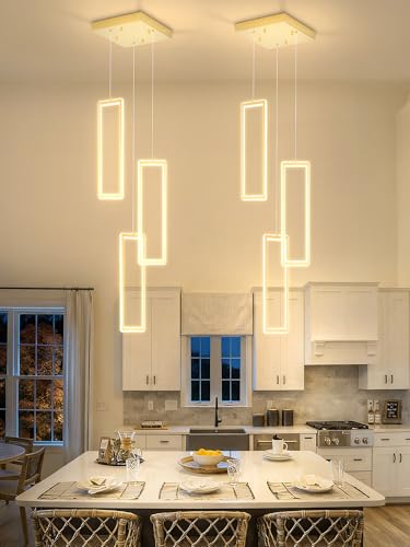 3 Lights Modern Rectangle Chandelier Dimmable Pendant Lighting Adjust LED Staircase Chandelier Hanging Light Fixtures for Kitchen Island Dining Room Entryway Foyer Gold