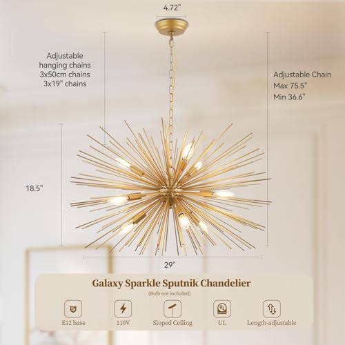 29in 9 Lights Gold Sputnik Chandelier Mid Century Modern Starburst