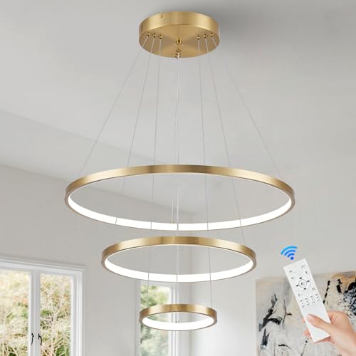 3 Rings LED Chandeliers Modern Gold Chandelier Dimmable Flush Mount Pendant Light Fixture Remote Control Contemporary Pendant Chandelier for Dining Room Bedroom Foyer