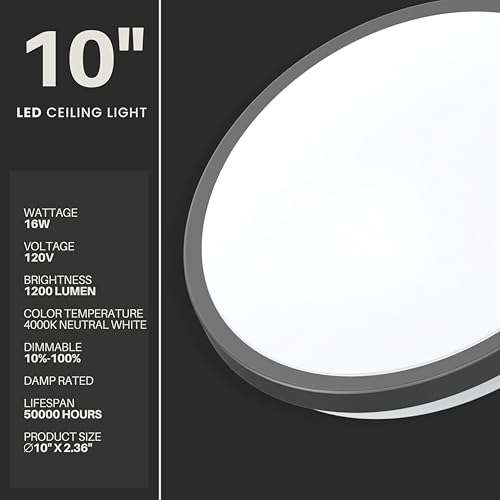 10" Matte Black LED Ceiling Light Flush Mount Lighting Fixture Dimmable Daylight for Bathroom Kitchen Laundry Room Closet