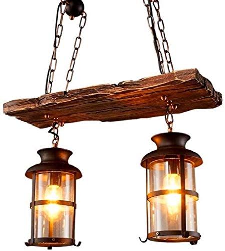 Wood Retro Pendant Lighting Industrial Vintage Chandelier Black Metal Bedroom Restaurant Suspension Lamp Cage Frame with Glass Shade House Loft Bar Coffee Decoration Ceiling Lights Fitting (2 Count)