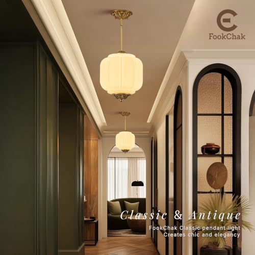 Vintage Gold Pendant Light Fixture Milk Glass Semi Flush Ceiling Light