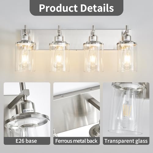 4 Light Brushed Nickel Bathroom Light Fixture Over Mirror Modern Bathroom Vanity Light Vintage Wall Lighting with Clear Glass Shade for Bathroom