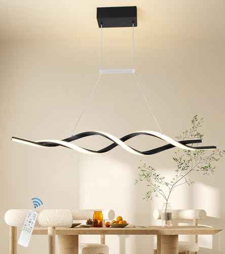 Jaycomey Modern Chandelier for Dining Room Dimmable LED Pendant Light with Remote Control, Acrylic Wave Chandeliers Adjustable Hanging Chandeliers for Bedroom Kitchen Living Room,3000K-6000K,28W,Black