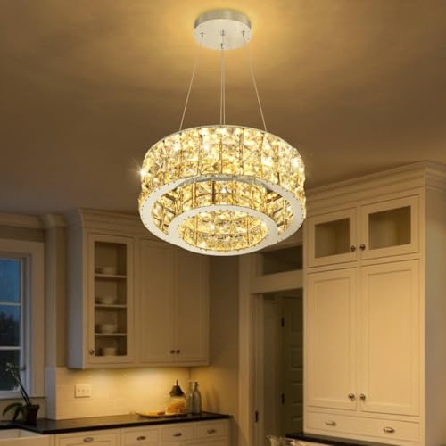 LED Chandeliers for Dining Room LED Dimmable Pendant Lights for Kitchen Island Crystal Adjustable Chandelier for Bedroom Hallway Entrance 12" Silver Light