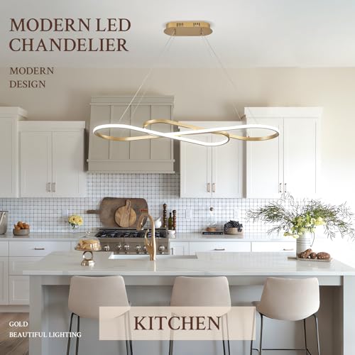 Modern LED Chandelier Gold Dimmable LED Pendant Light for Dining Room Light Fixture Over Table Modern Kitchen Island Lighting High Ceiling with Remote for Living Room